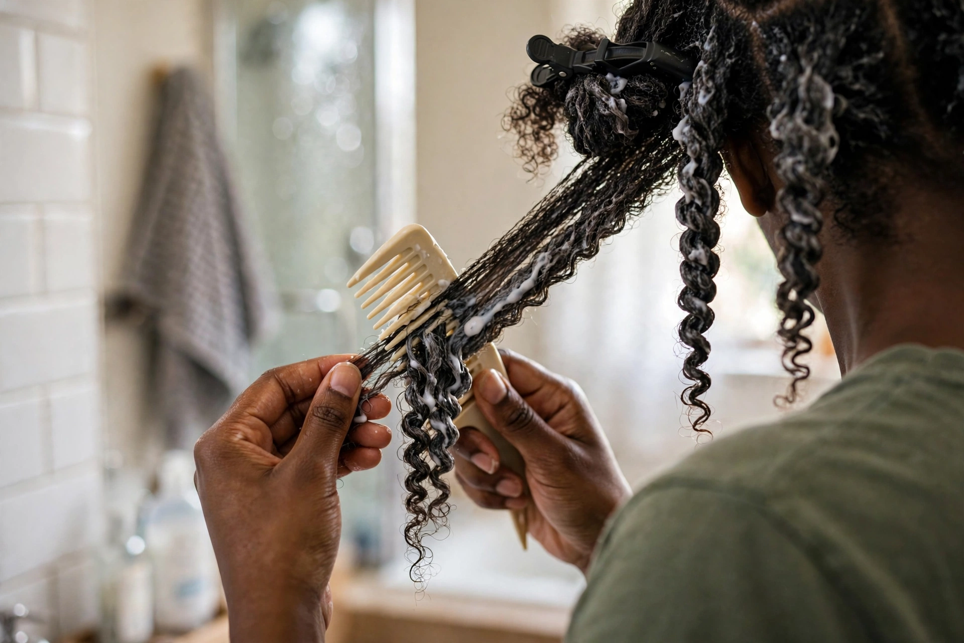 Hands detangling a conditioner-coated section of 4c coily hair with a wide-tooth comb