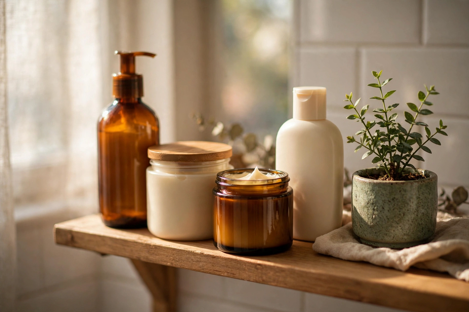 Unbranded conditioner bottles and jars on a bathroom shelf in warm morning light