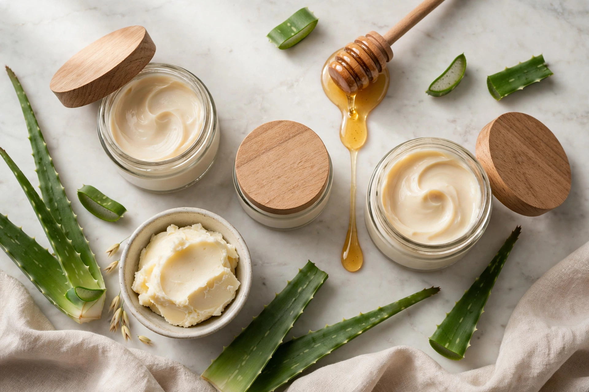 Deep conditioner jars with honey, aloe vera, and shea butter ingredients for 4C hair care