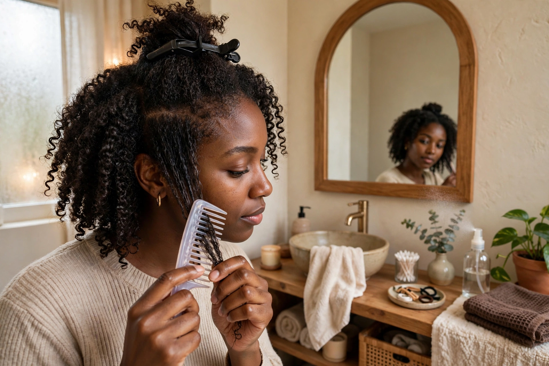 Detangling damp 4C hair in sections with a wide-tooth comb after applying leave-in conditioner