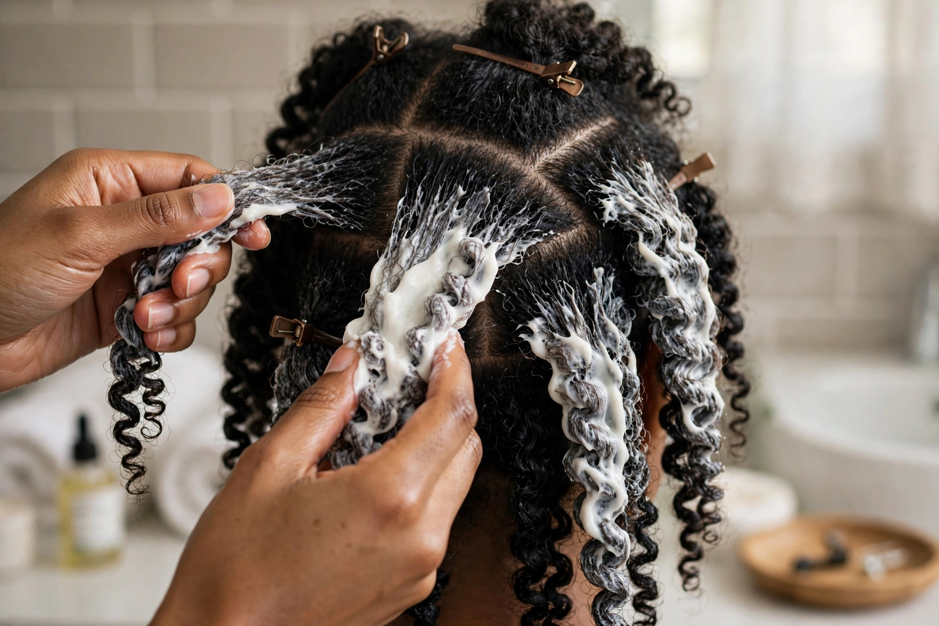 Hands working deep conditioner through sectioned 4C hair in the weekly 4C hair care routine