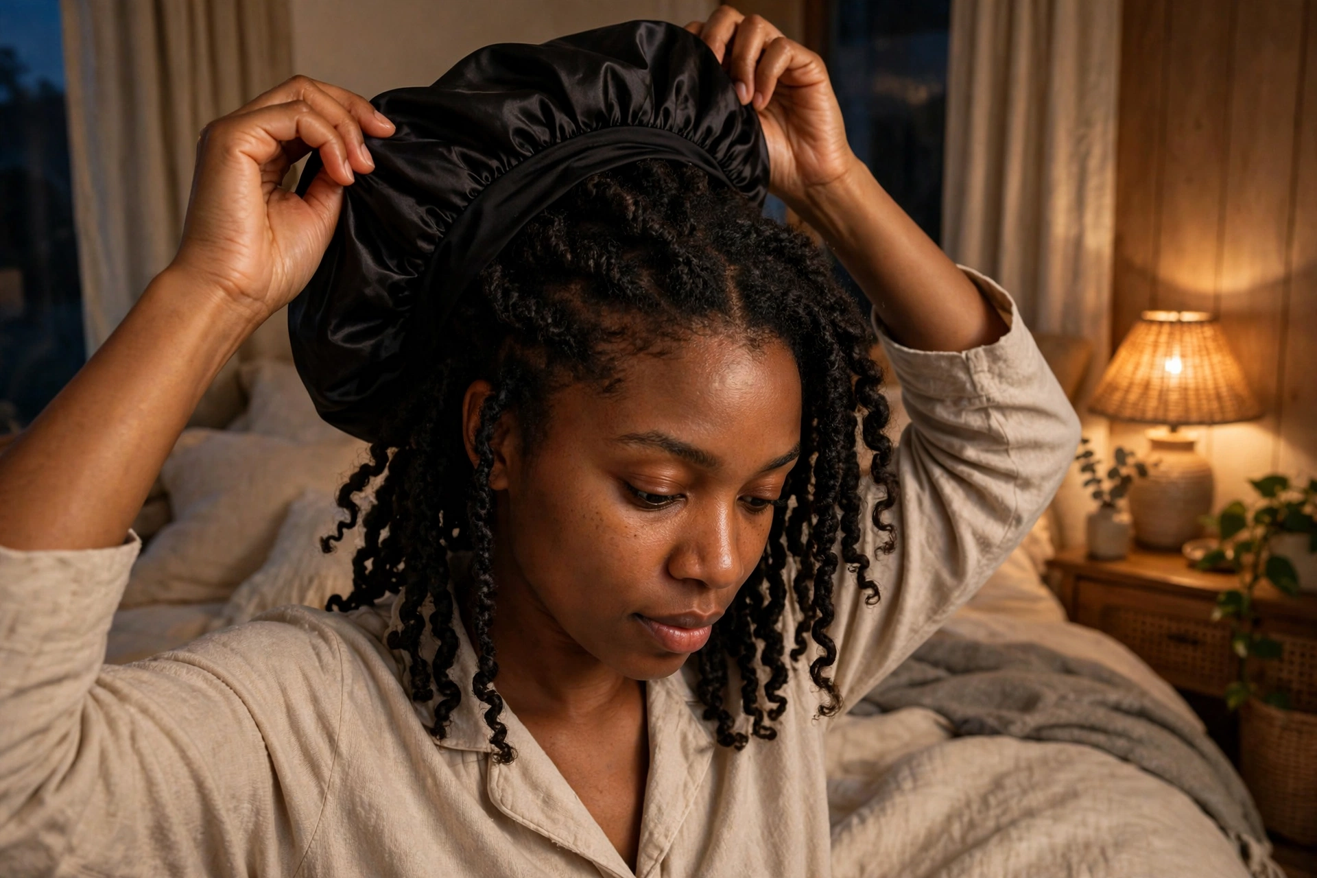 Woman putting on a satin bonnet as part of her nightly 4C hair care routine