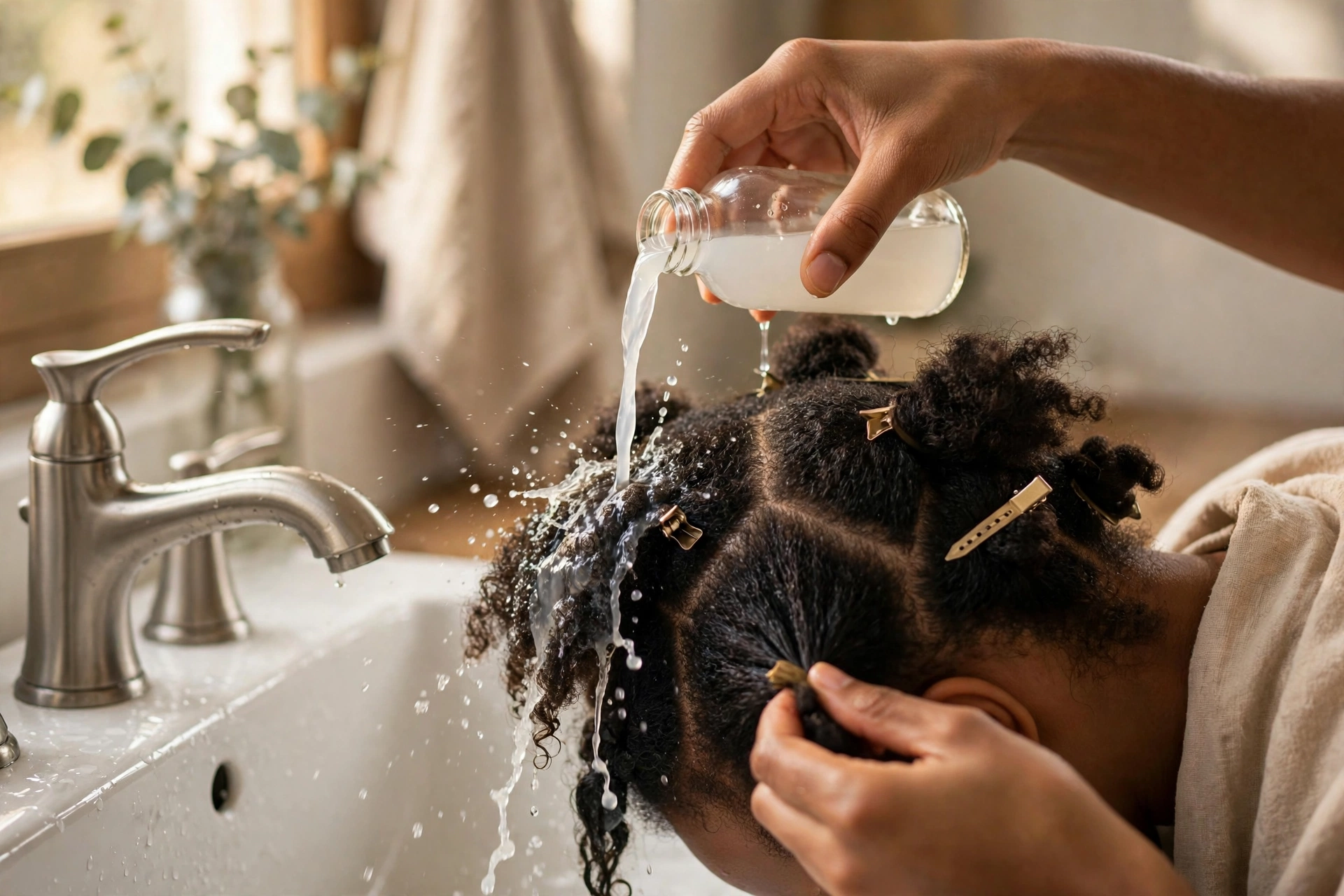 Hands pouring cloudy rice water rinse over sectioned coily natural hair in a bathroom sink