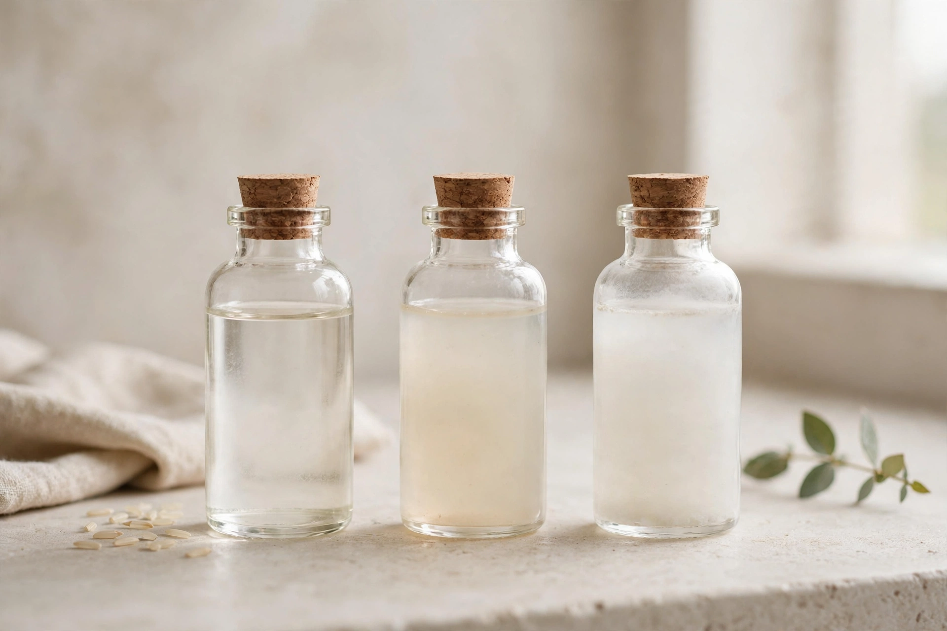 Small labeled glass bottles of plain soaked, fermented and boiled rice water lined up for comparison