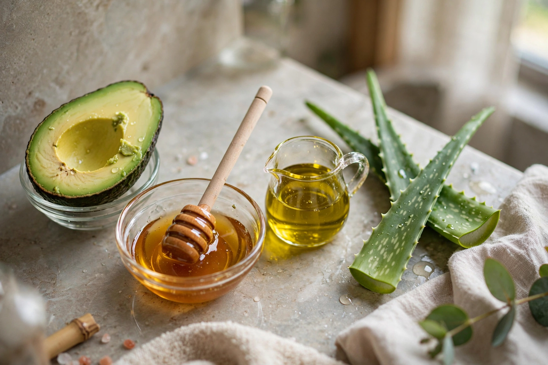 Small glass bowls with DIY pre-poo ingredients — avocado, honey, olive oil and aloe vera — on a bathroom counter
