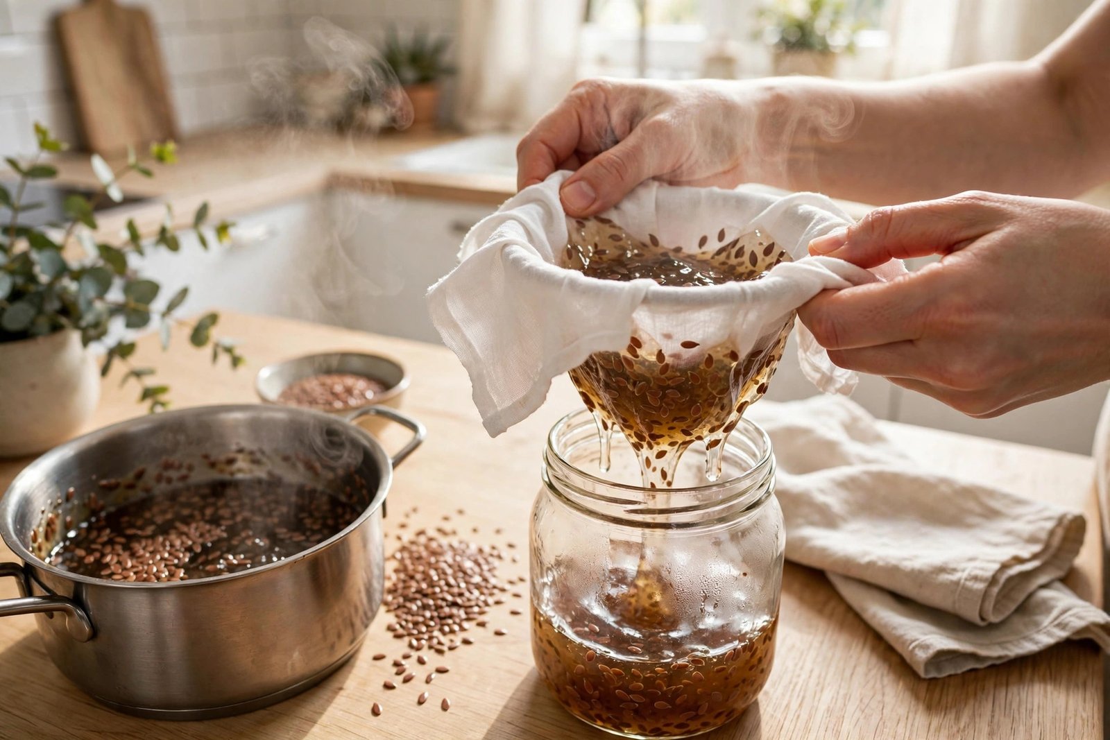 Straining homemade flaxseed gel for low porosity hair through a muslin cloth