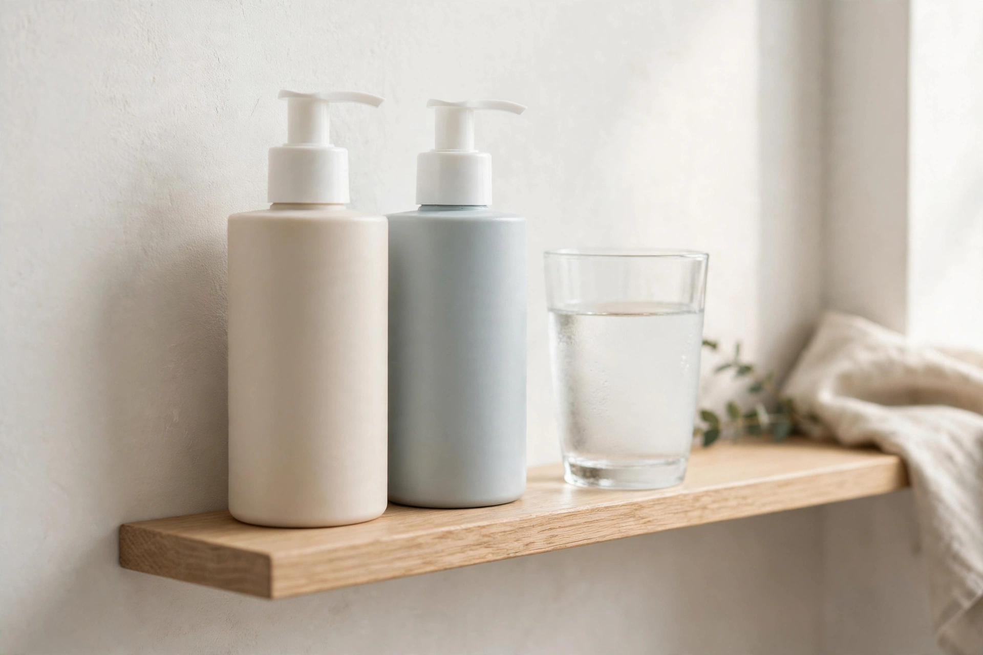 Bottles of chelating shampoo and conditioner on a bathroom shelf next to a glass of water