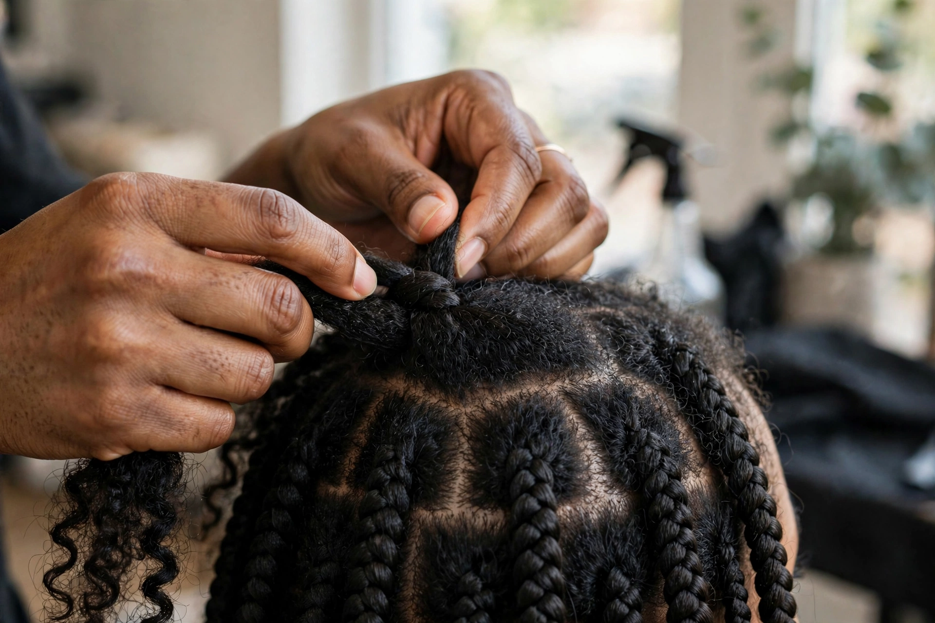 Stylist's hands braiding natural 4c hair into box braids, a popular protective style for natural hair