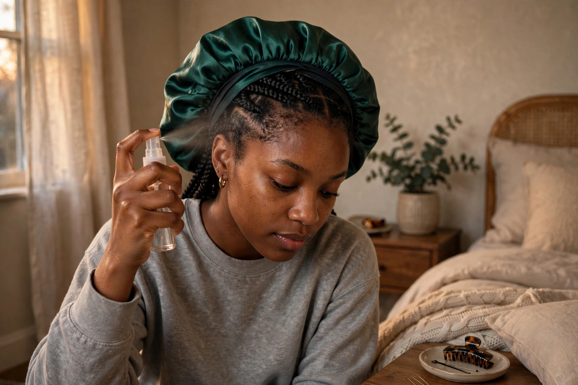 Woman in a satin bonnet misting her scalp to care for natural hair in a protective style