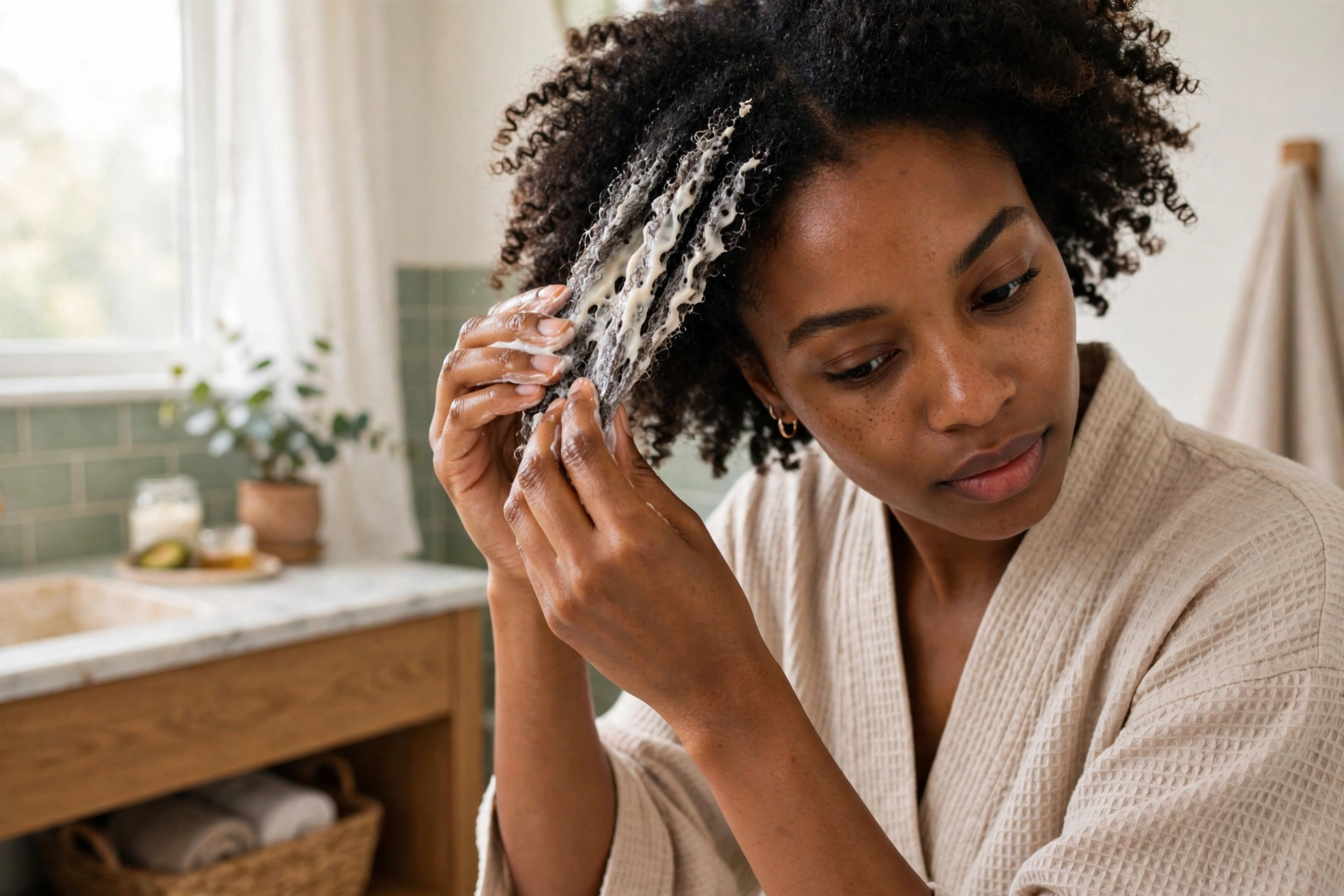 Woman applying a homemade DIY deep conditioner mask to her natural coily 4c hair in sections