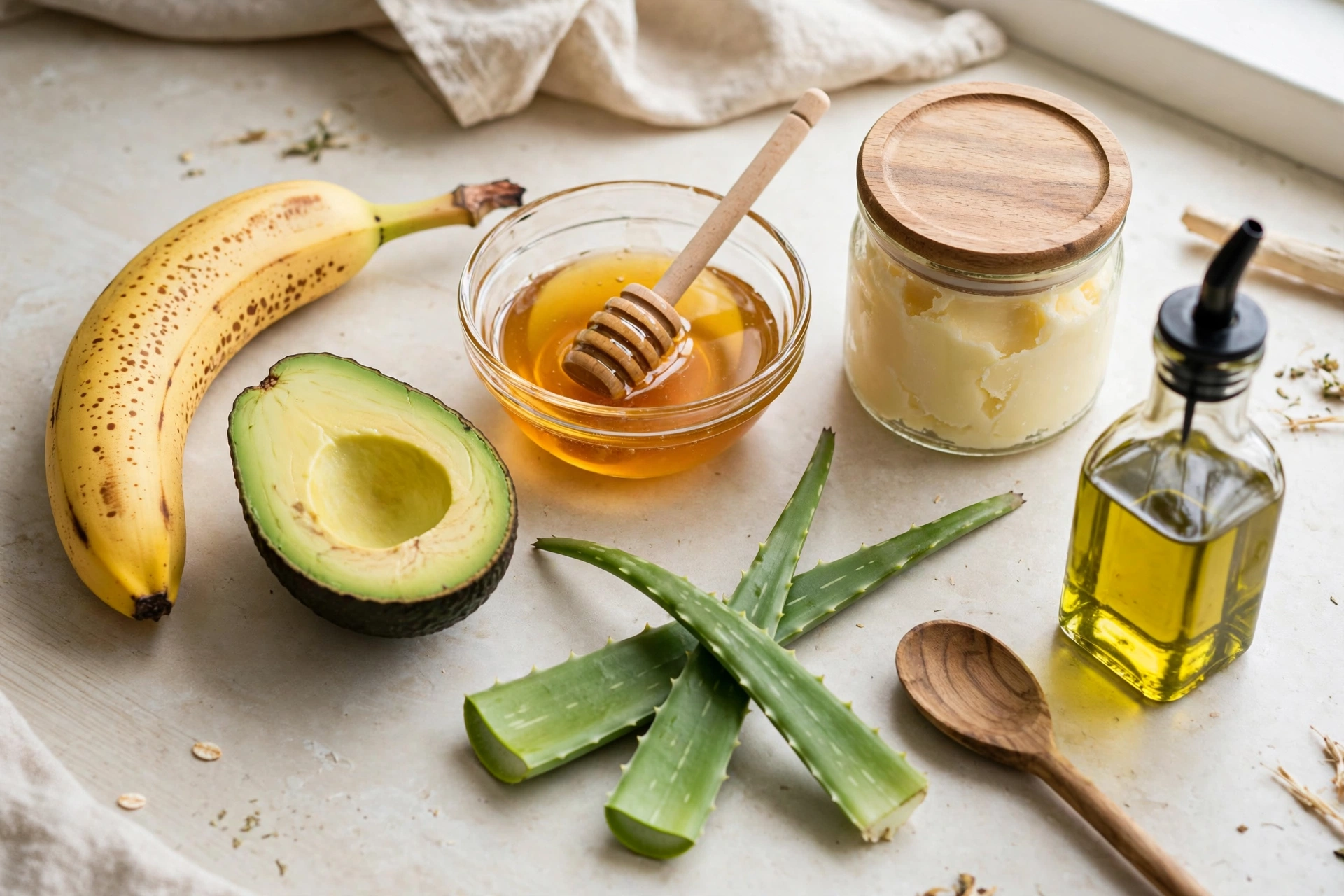 Flat lay of DIY deep conditioner ingredients for natural hair: avocado, banana, honey, shea butter, aloe vera, and olive oil on a kitchen counter