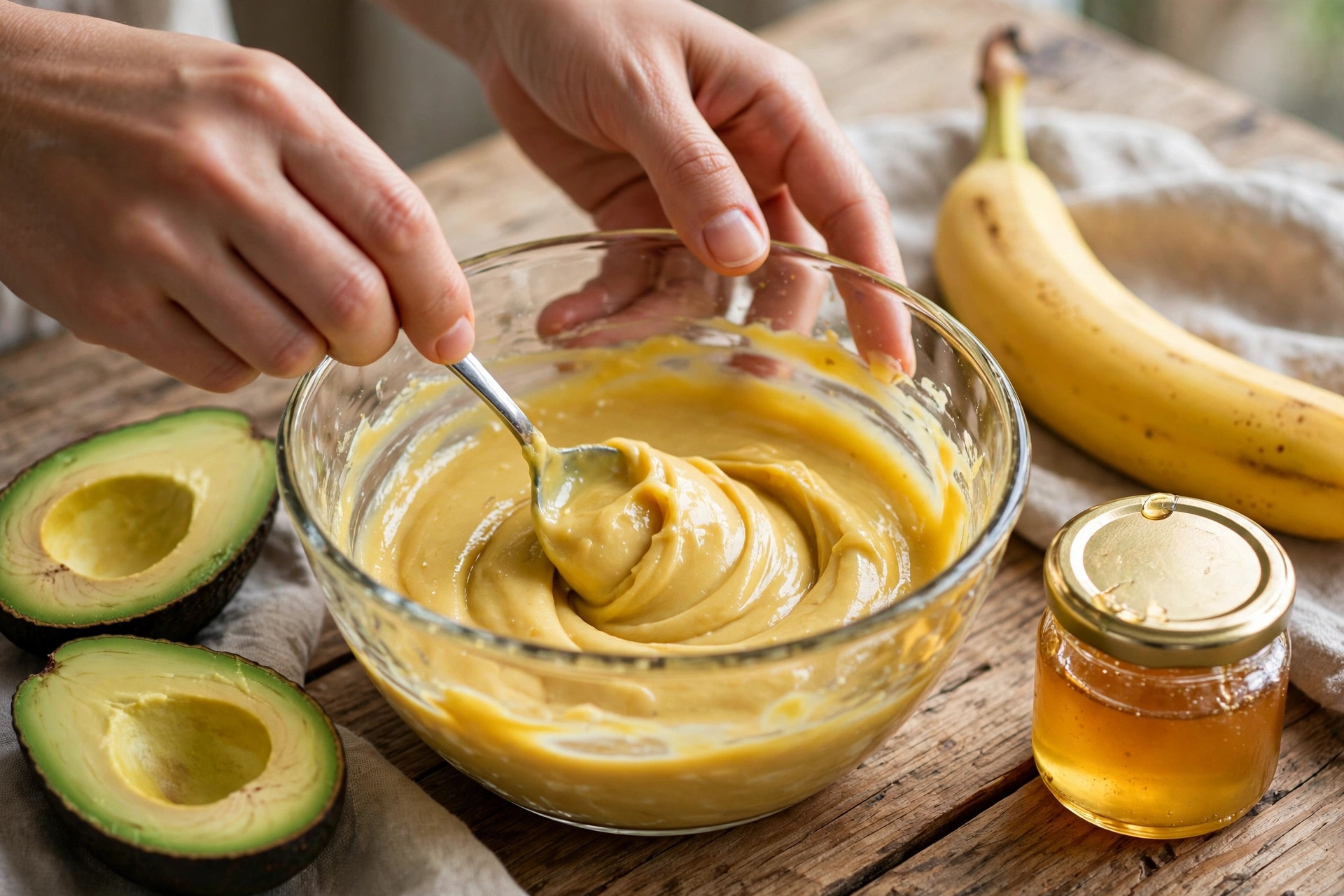 Hands stirring a creamy homemade DIY deep conditioner for natural hair in a glass bowl with avocado and honey beside it