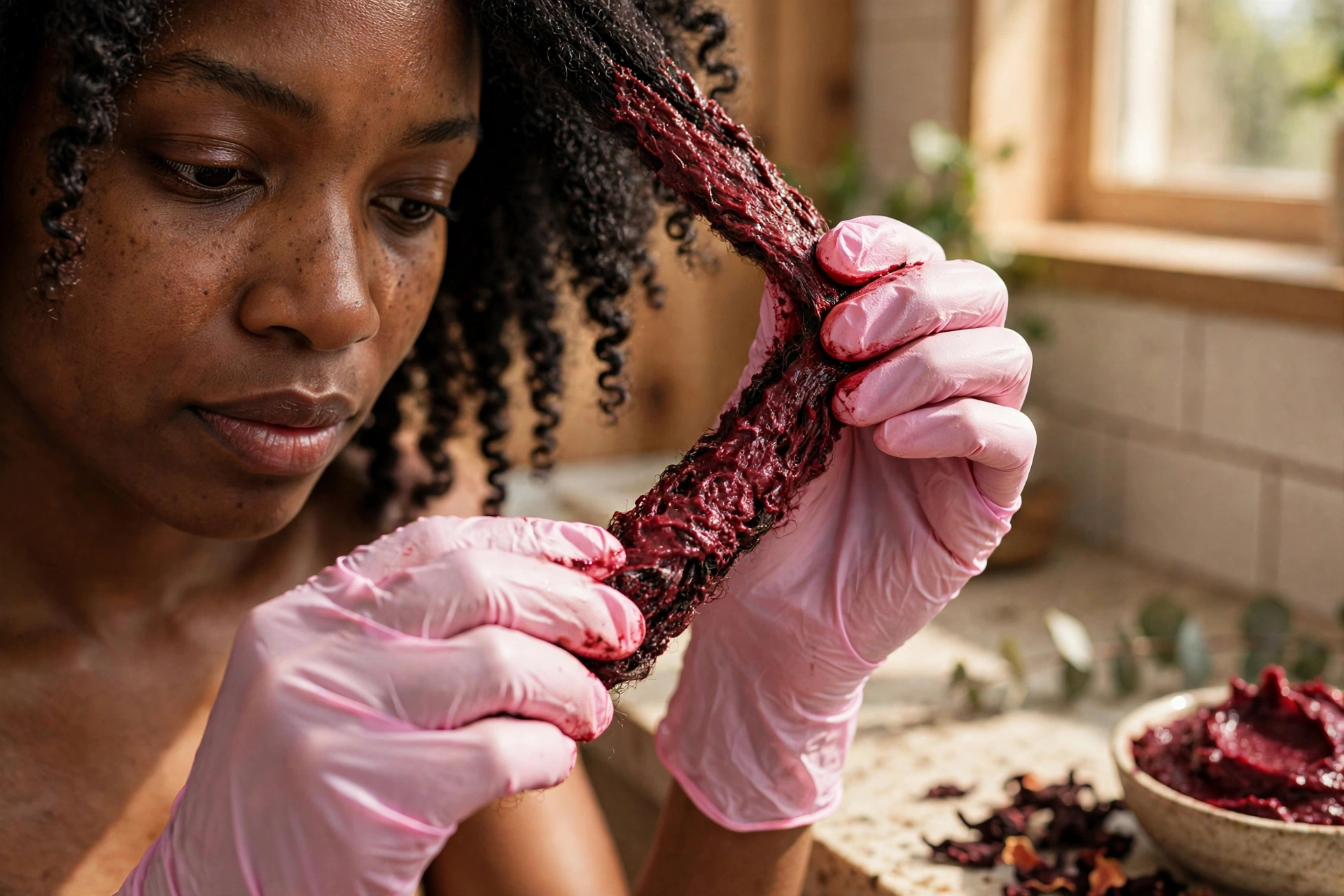 Woman with 4c natural hair applying a hibiscus hair mask to a section of her hair