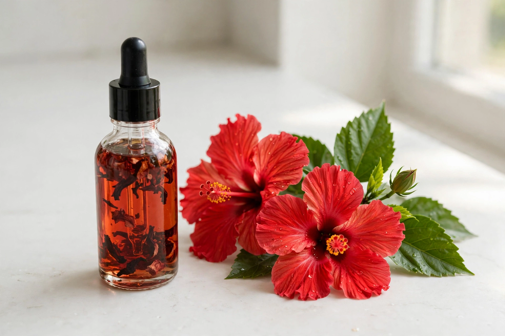 Glass bottle of homemade hibiscus-infused hair oil with fresh hibiscus flowers