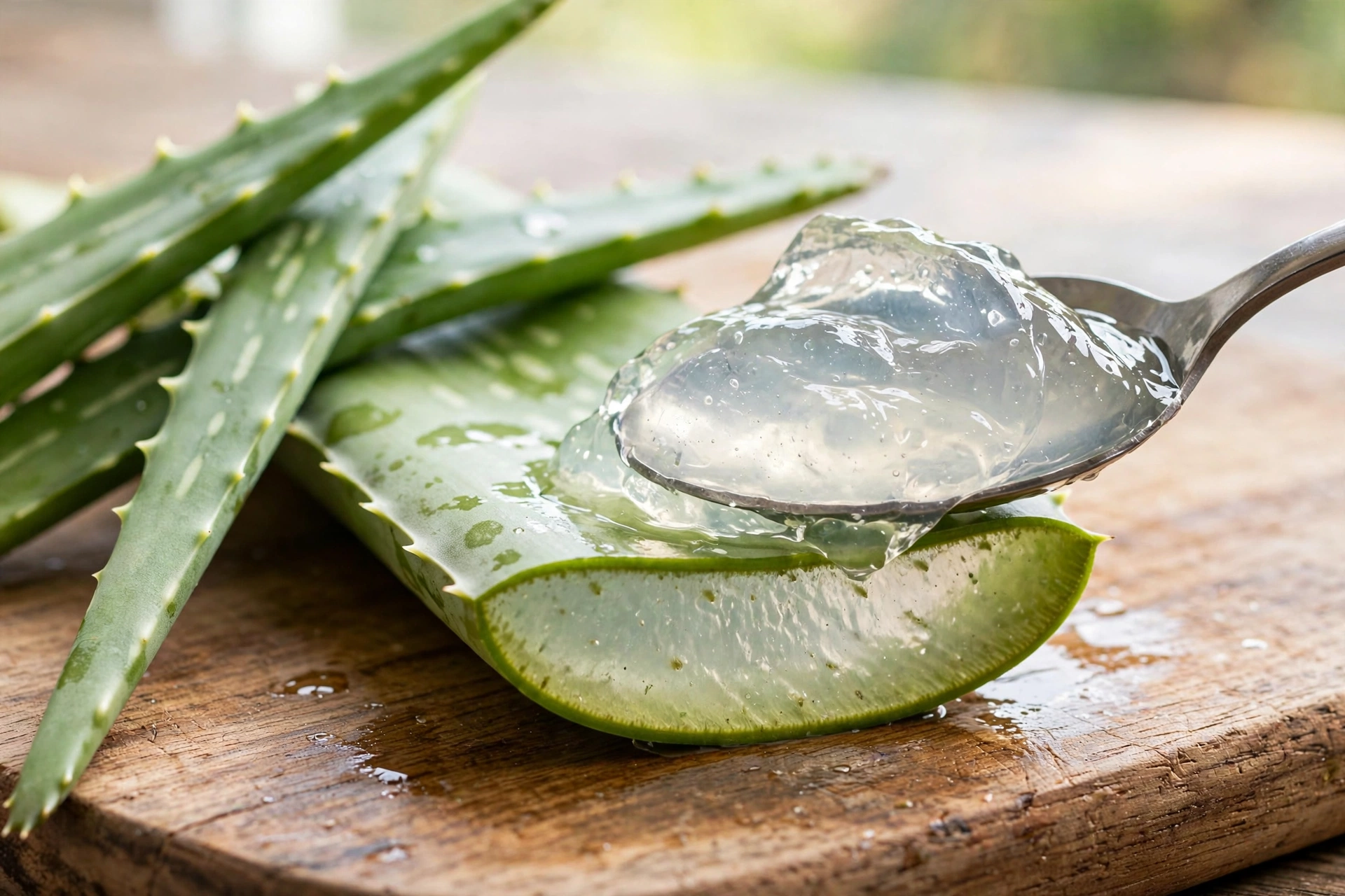 Scooping fresh aloe vera gel from a cut aloe leaf for natural hair care