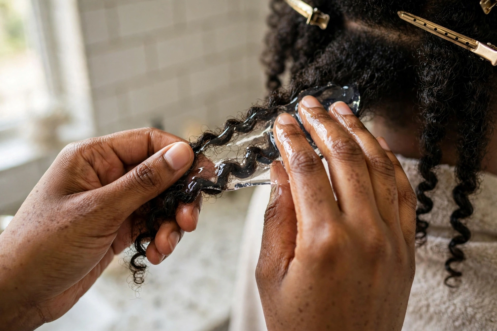 Applying aloe vera gel to sectioned 4c natural hair as a pre-poo treatment