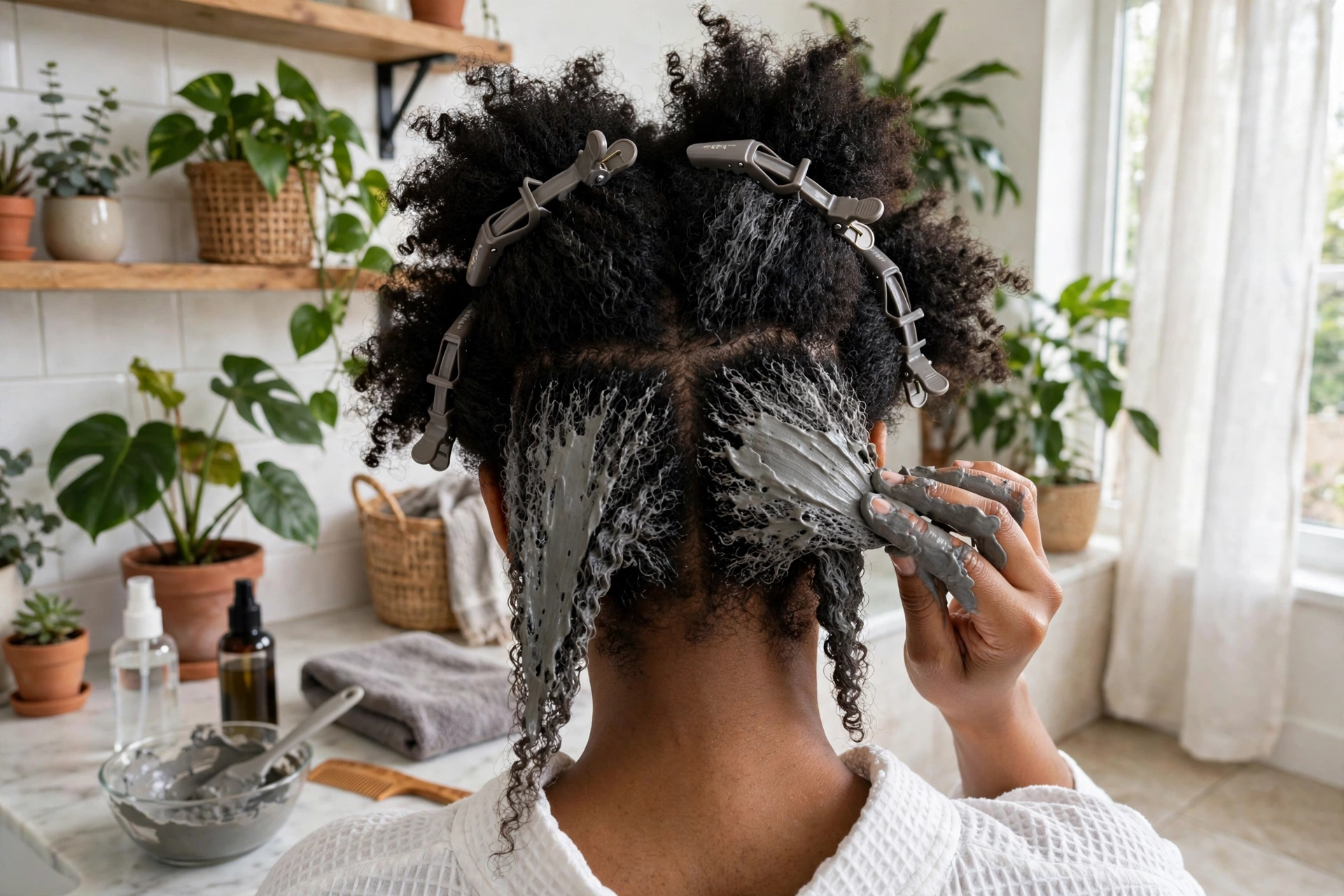 Applying a bentonite clay hair mask to coily 4c natural hair in sections