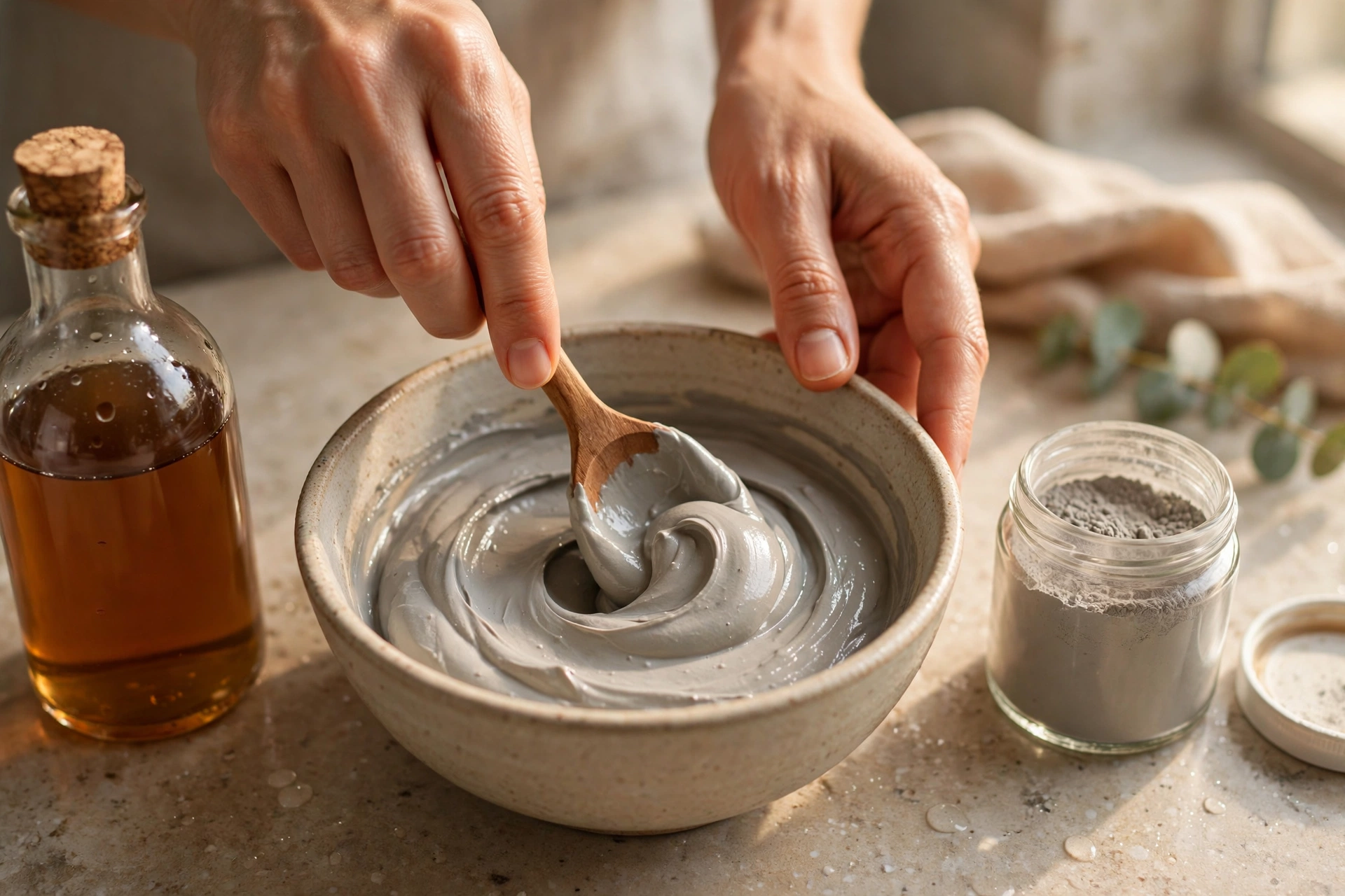 Mixing a creamy bentonite clay hair mask paste in a non-metal bowl with a wooden spoon