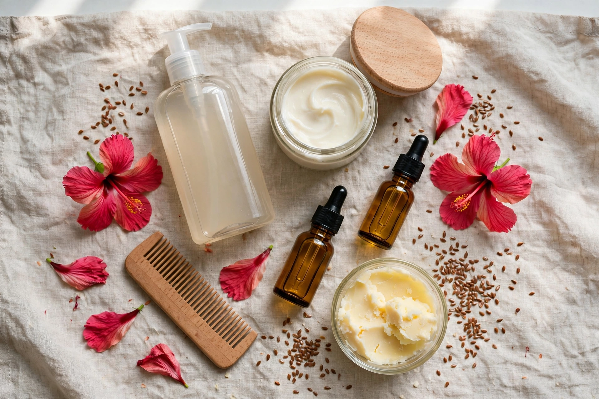 Flat lay of natural hair care products including shampoo, oils, shea butter and herbs on linen cloth — apple cider vinegar rinse for natural hair