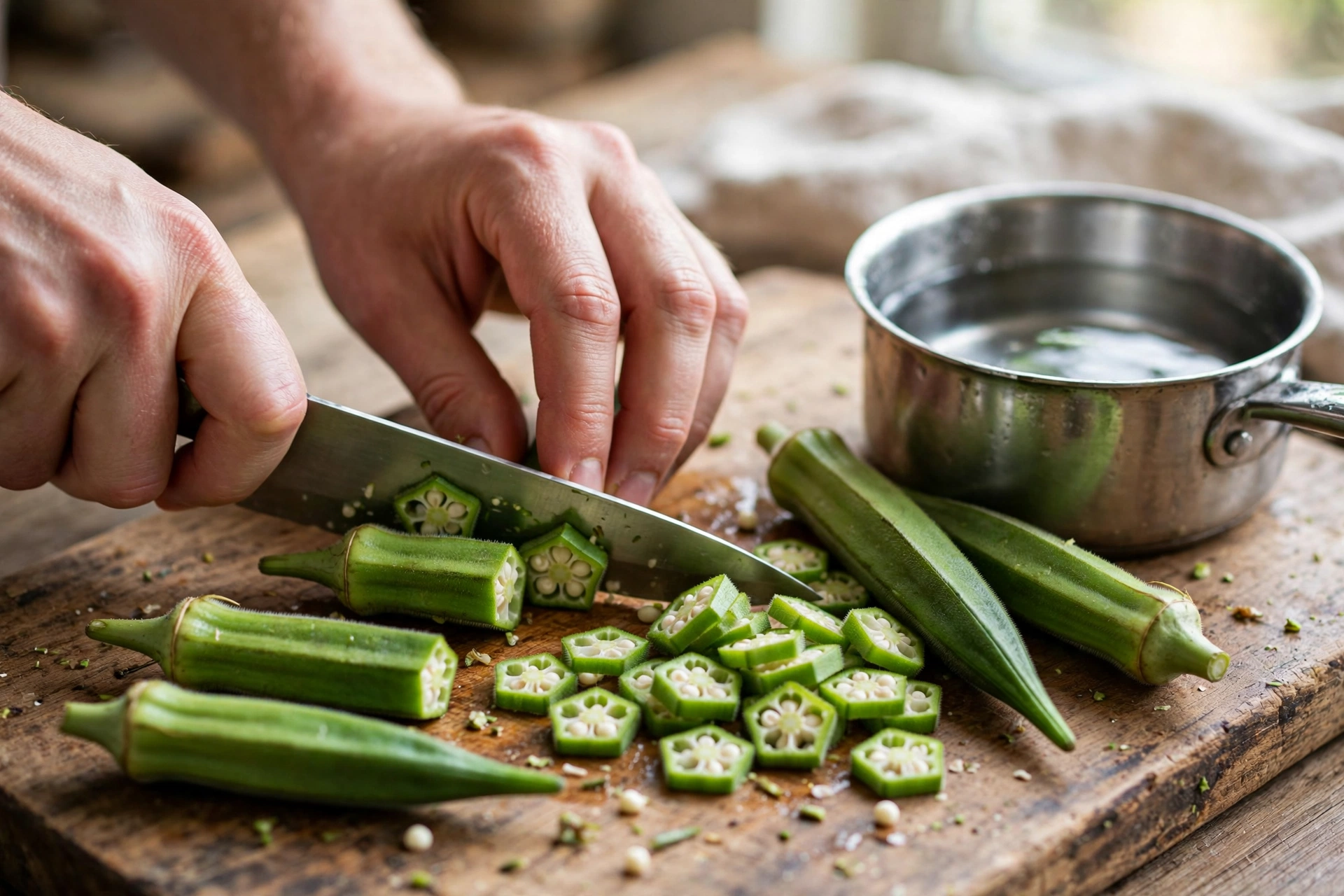Sliced fresh okra pods on a cutting board for making okra gel for natural hair