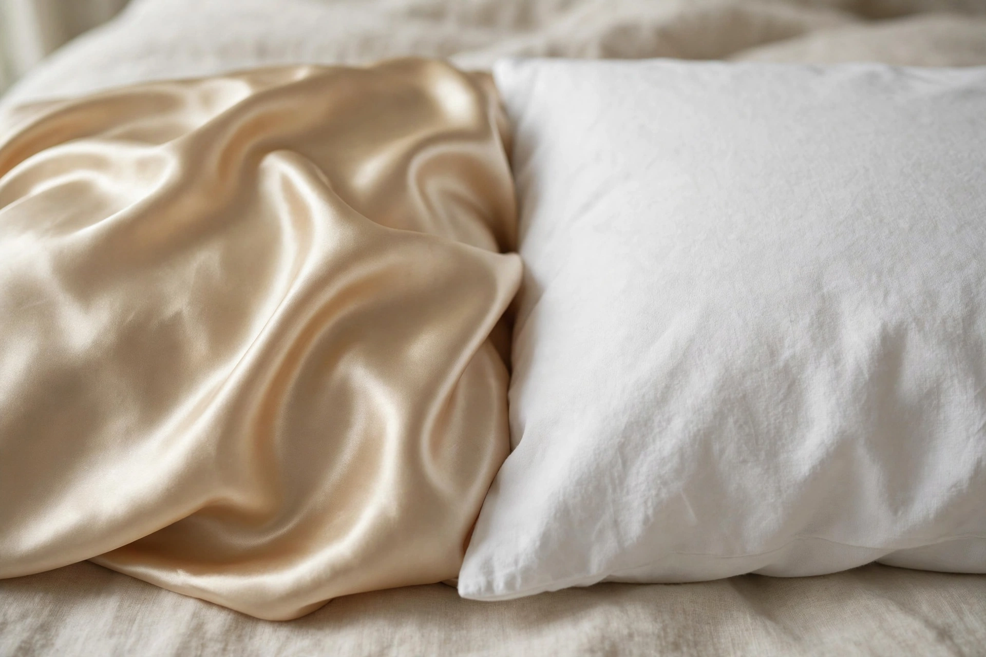 Champagne silk pillowcase beside a white cotton pillowcase showing the smooth texture difference — silk for natural hair