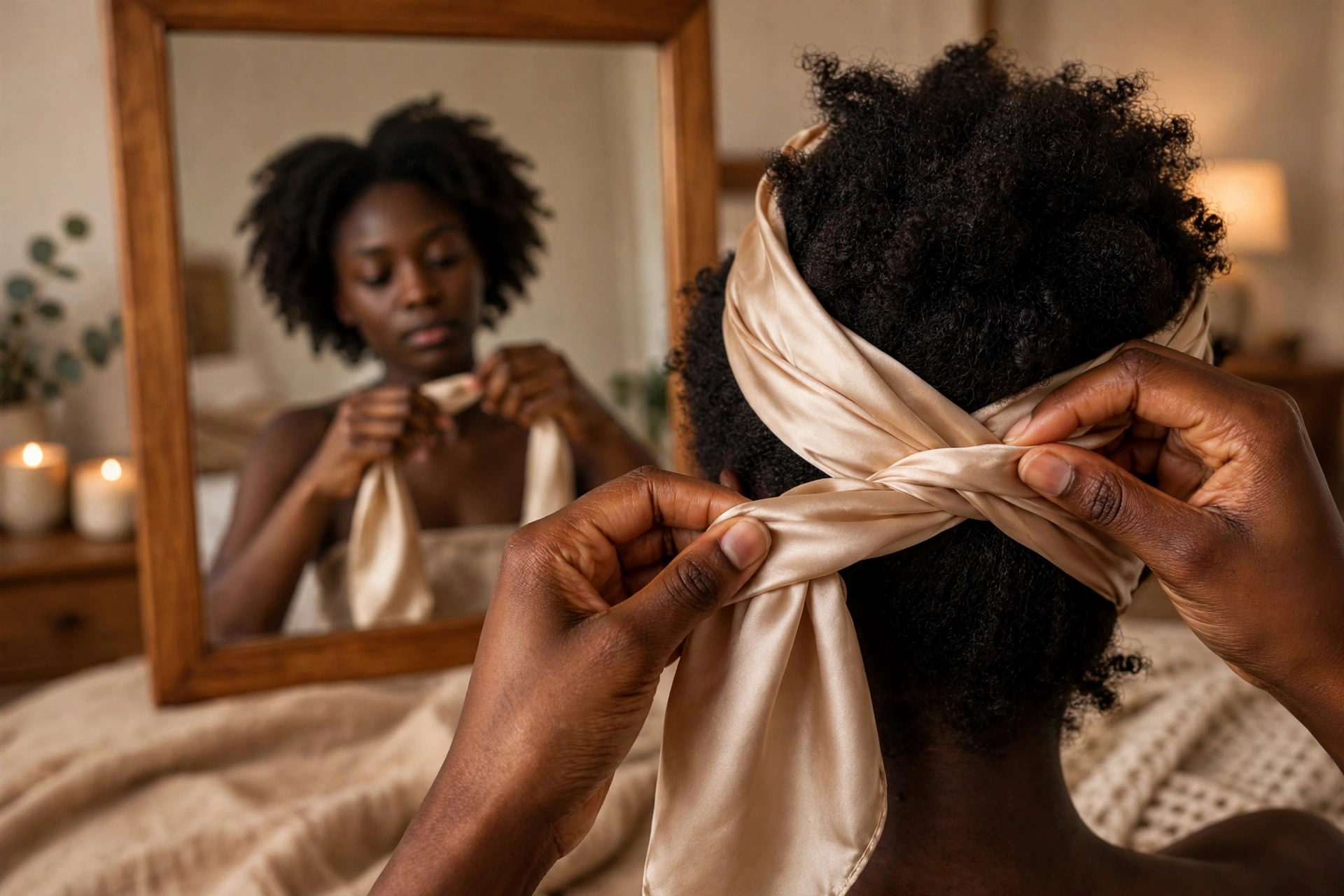 Hands tying a champagne silk scarf around natural coily 4C hair — silk for natural hair wrapping