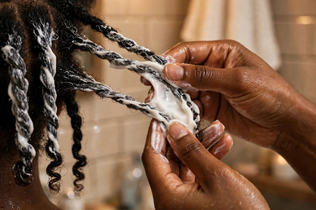 Applying deep conditioner to sectioned 4C natural hair on wash day