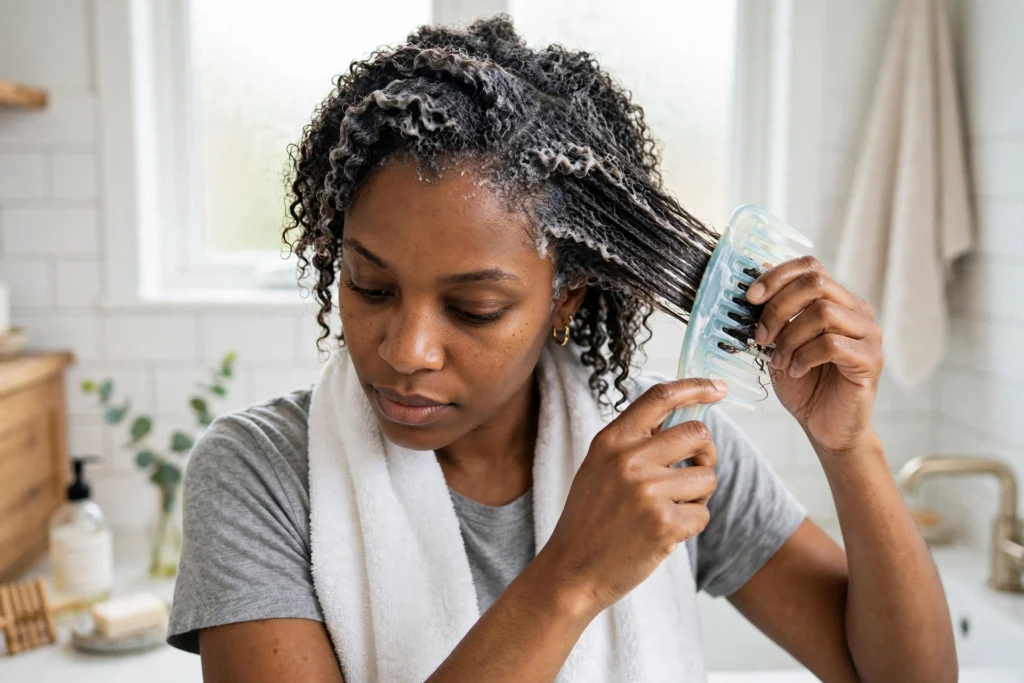 Gently detangling 4C natural hair with a wide-tooth comb on wash day